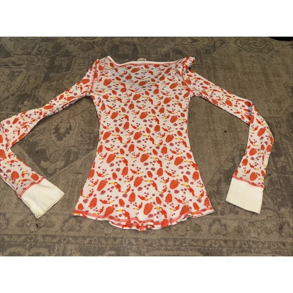 Free People Womens Medium Orange White Long Sleeve 1/4 Button Shirt Henley - Picture 5 of 5